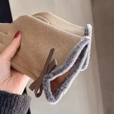 Women Winter Warm Gloves Touchscreen De-Velvet Faux Fur Trim Bow Sweet Korean Style Thick Fleece Lined
