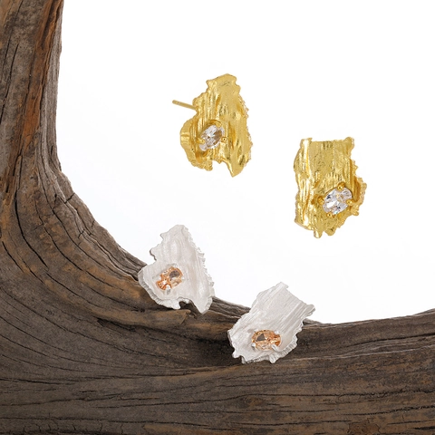 Irregular Tree Bark Texture Stud Earrings 925 Sterling Silver Cubic Zirconia Geometric Asymmetric Minimalist Jewelry For Women