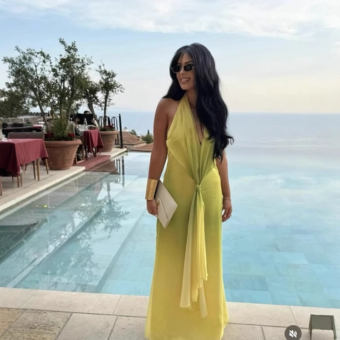 Chiffon Gradiënt Halter Maxi Jurk Voor Dames Zomer Rugloos V-Hals Knoop Detail Elegant Vakantie Feest Lange Jurk