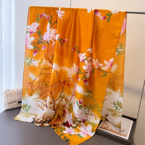 Floraler Print Schal Satinnimitat Schal Elegantes Magnolienmuster Lang Leicht Sonnenschutz Für Damen
