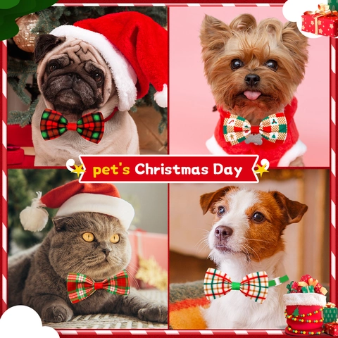 Noeud Papillon De Noël Pour Animaux Collier Réglable Polyester Ruban Gros-Grain Motif À Carreaux Flocon De Neige Chiens Chats
