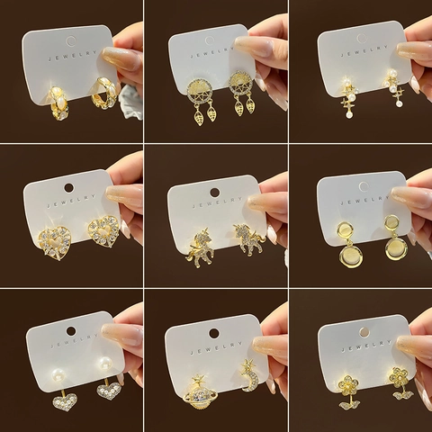 Elegant Alloy Zircon Stud Earrings With Silver Earring Post Faux Artificial Pearl Inlaid Star Moon Planet Heart Retro Fashion Women