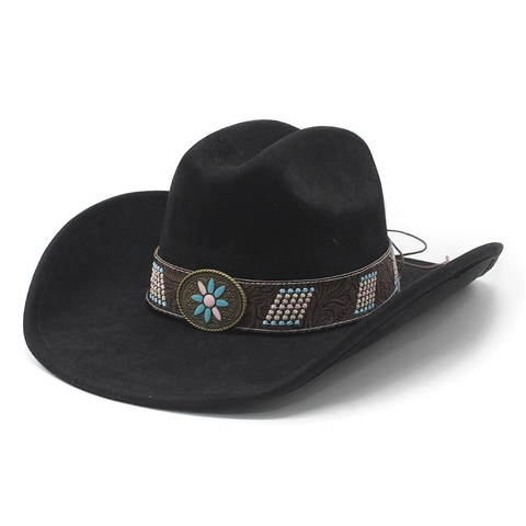 Cappello Da Cowboy Occidentale Vintage Scamosciato Tesa Larga Etnico Cintura Decorativa Perline Fibbia Metallo