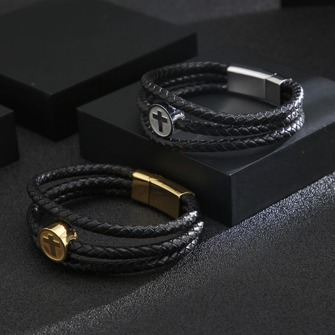 Men Braided Leather Bracelet With Stainless Steel Cross Charm Multi-layer Wristband Magnetic Clasp Fashion Jewelry