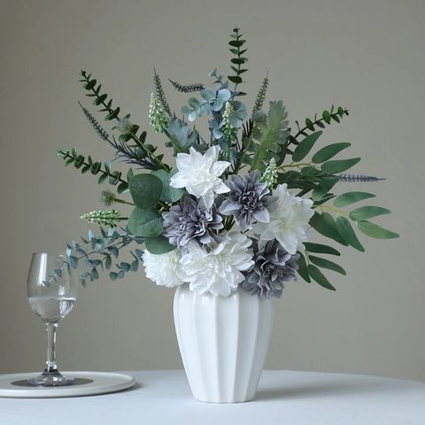 Artificial Dahlia Bouquet Satin Flowers With Eucalyptus Leaves For Home Table Centerpiece Wedding Decoration
