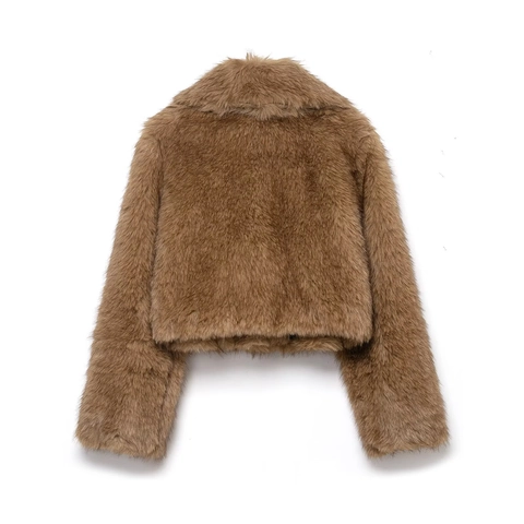 Women Faux Fur Jacket Short Length Polyester Large Lapel Long Sleeve Street Style Solid Color Autumn Winter Outerwear