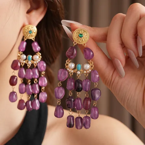 Vintage Bohemian Tassel Dangle Earrings With Purple Acrylic Beads Imitation Artificial Pearls And Silver Earring Post For Women