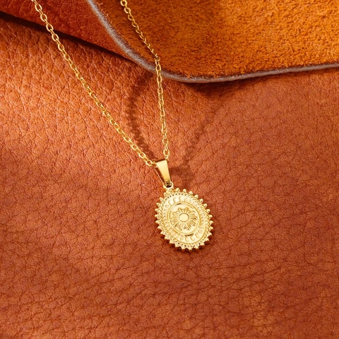 Sun Embossed Oval Medallion Pendant Necklace Stainless Steel Retro Bohemian Style Dainty Jewelry For Women