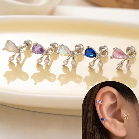 Orecchini a Bottone in Acciaio al Titanio con Fiocco e Zirconia Pietra a Pera Doppia Vite Gioielli Piercing per Donna