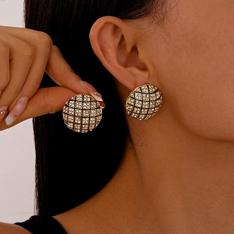 Retro Round Geometric Alloy Stud Earrings With Rhinestones And Silver Earring Post Rhombic Grid Pattern For Women