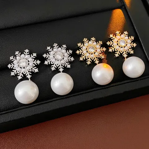 Orecchini Pendenti Con Künstliche Perle E Zirconi Fiocco Di Neve Con Perno In Argento Vintage Francese Elegante Lusso Donna