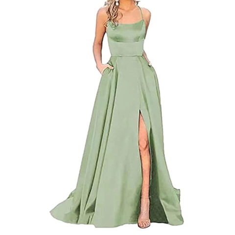 Abito Da Sera In Raso Da Donna Spalline Sottili Spacco Alto Linea A Abito Da Cerimonia Con Tasche
