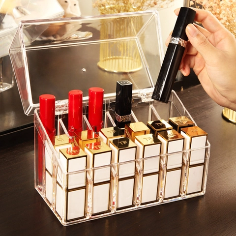 Transparente Acryl Lippenstift Aufbewahrungsbox Mit Staubdichtem Deckel Mehrfach Schlitz Desktop Make-up Organizer Für Den Schminktisch