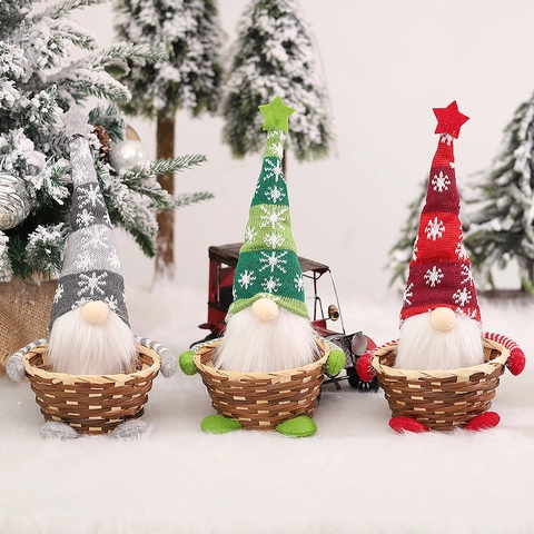 Weihnachtsgnom Süßigkeitenkorb Strickstoff Gesichtsloser Puppe Desktop Ornament Bambus Gewebt Aufbewahrung Festliches Dekor