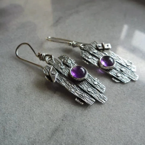 Vintage Round Purple Gemstone Drop Earrings With Wood Grain Texture Carved Metal Bohemian Retro Ethnic Style For Women