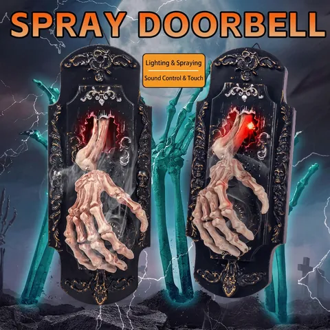 Campanello Halloween Con Nebbia Mano Di Scheletro Decorazione Casa Stregata Con Luce LED Rossa E Suono Plastica