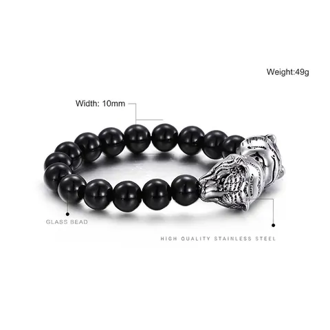Men Beaded Bracelet Stainless Steel Animal Head Wolf Dragon Tiger Vintage Gothic Glass Beads Jewelry For Male
