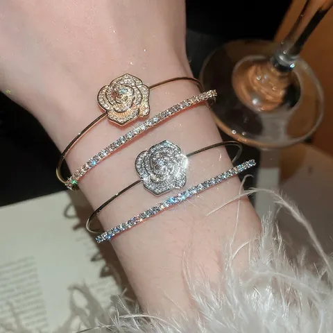 Rose Flower Double Layer Open Bangle Sparkly Zircon Inlaid Copper Bracelet Elegant Jewelry For Women Luxury Shiny Accessory