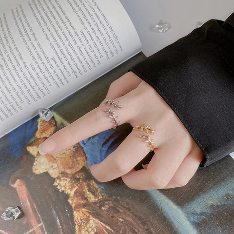 Blattzweig Verstellbarer Offener Ring Kupfer Mit Strasssteinen Minimalistischer Modeschmuck Für Frauen