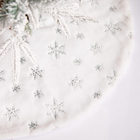 Jupe De Sapin De Noël Peluche Blanche Fausse Fourrure Paillettes Flocon De Neige Ornement Rond Doux Décoration Maison