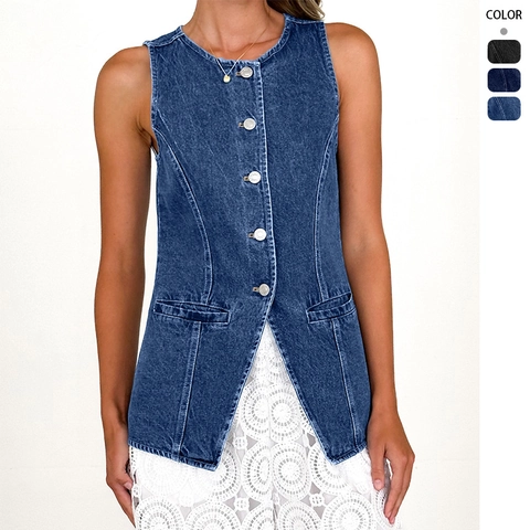Gilet Di Jeans Donna Girocollo Senza Maniche Vestibilità Slim Gilet Monopetto Retro Giacca Lavata Top