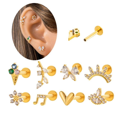 Clou D Oreille Cartilage Titane Zircon Coeur Note De Musique Fleur Dos Plat Filetage Interne Bijoux De Piercing Femme