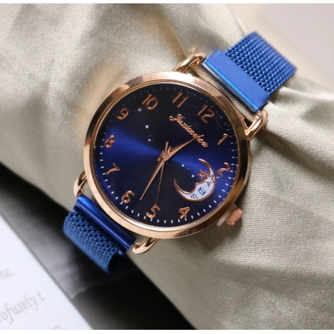 Women Quartz Watch Milanese Mesh Metal Band Starry Moon Dial Arabic Numerals Fashion Elegant Timepiece For Ladies
