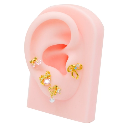 Fashion Titanium Steel Cartilage Stud Earrings For Women Rhinestone Bow Heart Cherry Butterfly Piercing Jewelry Gold Color