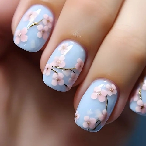 Hellblaue Kirschblüten Nägel Zum Aufkleben Kurze Eckige Künstliche Nägel Mit Goldglitzer Sakura Blumen Design Für Frauen