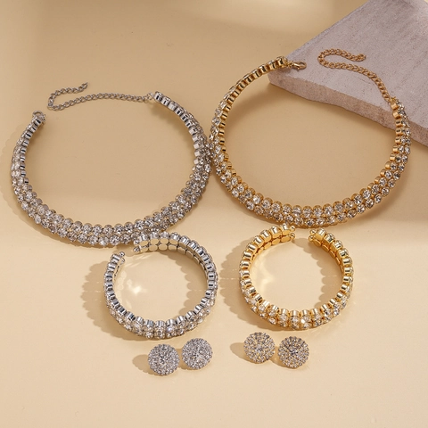 Collar Choker De Strass Pulsera Y Pendientes Aleación Doble Fila Redondo Joyería Lujo Para Mujeres Boda Fiesta Exquisito