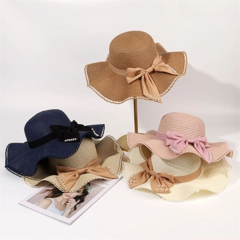 Straw Bucket Hat Women Wide Brim Sun Protection Beach Summer Vacation Elegant Bow Artificial Pearl Lace Wavy Edge