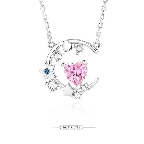 Halskette Aus 925 Sterling Silber Mit Rosa Herz Zirkonia Halbmond Und Stern Anhänger Romantischer Schmuck Für Damen