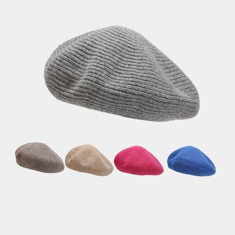 Knitted Wool Beret Hat Women Vintage Painter Cap Warm Autumn Winter Ribbed Soft Outdoor Adjustable Headwear