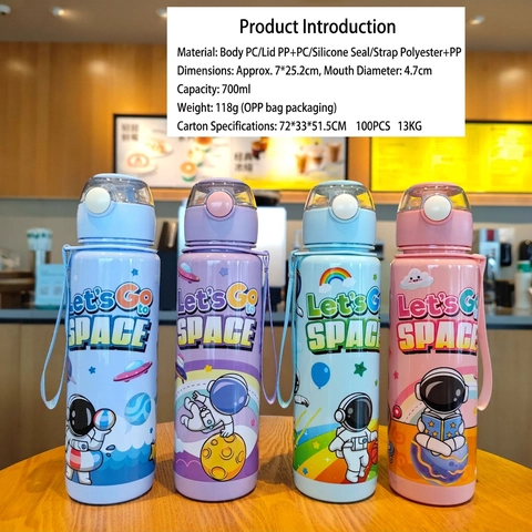 Cartoon Astronaut Plastic Water Bottle With Straw Portable Leakproof Sippy Cup For Children Outdoor Travel