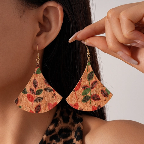 Vintage Bohemian Cork Leather Earrings For Women Waterdrop Triangle Fan Shape Floral Paisley Print Ethnic Style Gold Tone Hook