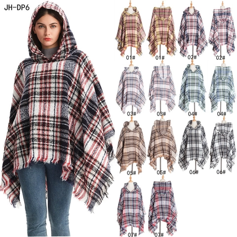 Hooded Plaid Poncho Shawl For Women Oversized Polyester Knit Cape With Tassels Winter Warm Outerwear