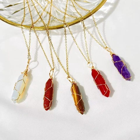 Sechseckige Säule Kristall Anhänger Halskette Naturstein Handgefertigt Draht Umwickelt Heilpunkt Boho Schmuck Damen