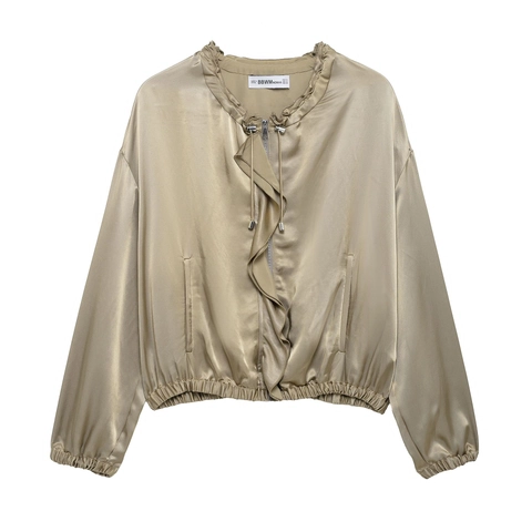 Women Satin Jacket Cropped Zipper Outerwear With Drawstring Lapel Street Style Solid Color Long Sleeve Top