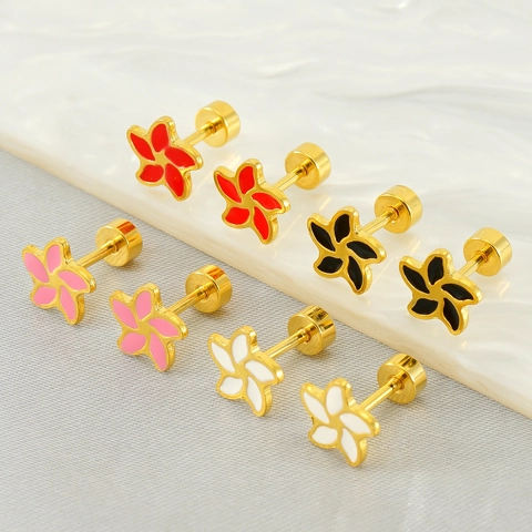 Floral Stud Earrings Stainless Steel 18K Gold Plated Enamel Screw Back Minimalist Elegant Flower Jewelry For Women