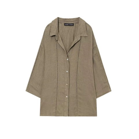 Camicia E Pantaloni A Gamba Larga Donna Misto Lino Cotone Scollo A V Maniche Lunghe Ricamo Traforato Casuale Elegante Minimalista Streetwear