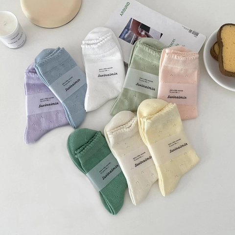 Women Cotton Crew Socks Japanese Sweet Style Ruffled Cuff Breathable Mesh Pointelle Hollow Out Mid Calf
