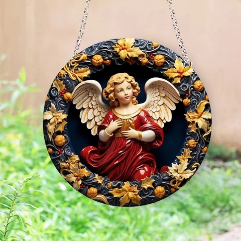 Christmas Angel Hanging Ornament Acrylic Relief Style Embossed Pendant For Home Window Door Decor Classical Festive