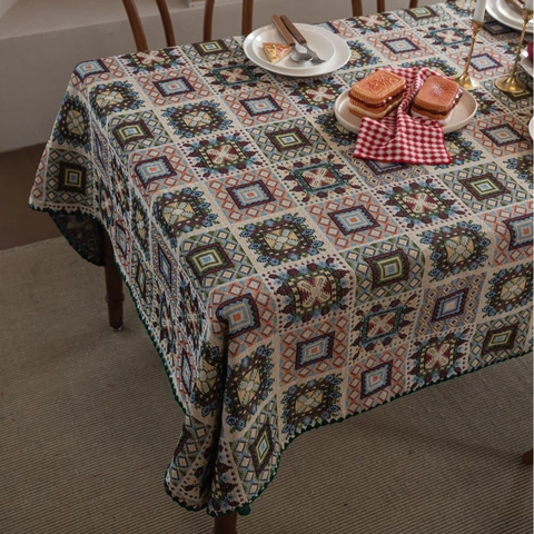 Französische Retro Jacquard Tischdecke Polyester Baumwolle Mischung Patchwork Geometrische Stickerei Tischdecke Dekoration