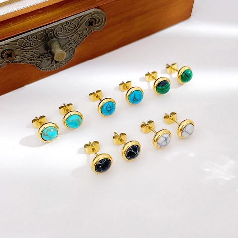 Round Stud Earrings Stainless Steel Turquoise Malachite Marble Geometric Minimalist Vintage Jewelry For Women