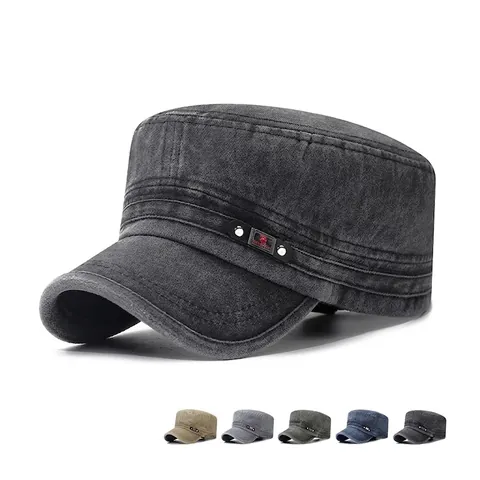 Washed Cotton Cadet Cap Vintage Distressed Army Hat Flat Top Military Sun Hat Adjustable For Men Outdoor Casual Styling
