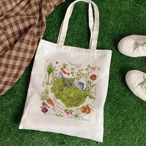 Women Canvas Tote Bag Strawberry Vegetable Print Large Capacity Shoulder Bag Reusable Eco Friendly Shopping Bag Handbag