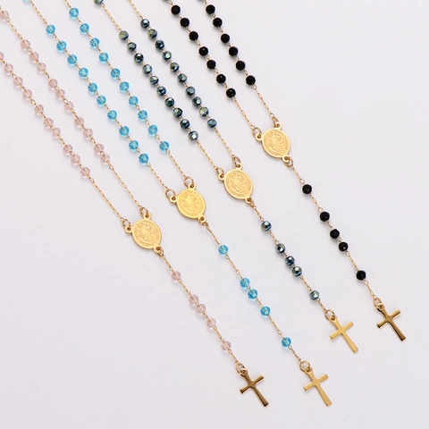 Collar De Rosario De Acero Inoxidable 304 Chapado En Oro Con Cuentas Facetadas Medalla Colgante De Cruz Religiosa Joyería Para Mujer