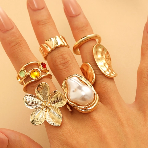 Vintage Artificial Baroque Pearl Flower Multi Piece Ring Set Gold Silver Plated Alloy Resin Gemstone Open Adjustable Finger Rings For Women Party Jewelry