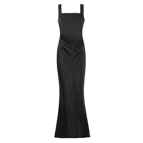 Elegante Abito Maxi in Satin Increspato Donna Scollo Quadrato Senza Maniche Stringato Schiena Coda di Pesce Abito da Sera Festa Nozze
