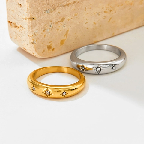 Stainless Steel Dome Ring With Zircon Eight Pointed Star Vintage Minimalist North Star Polished Jewelry For Women